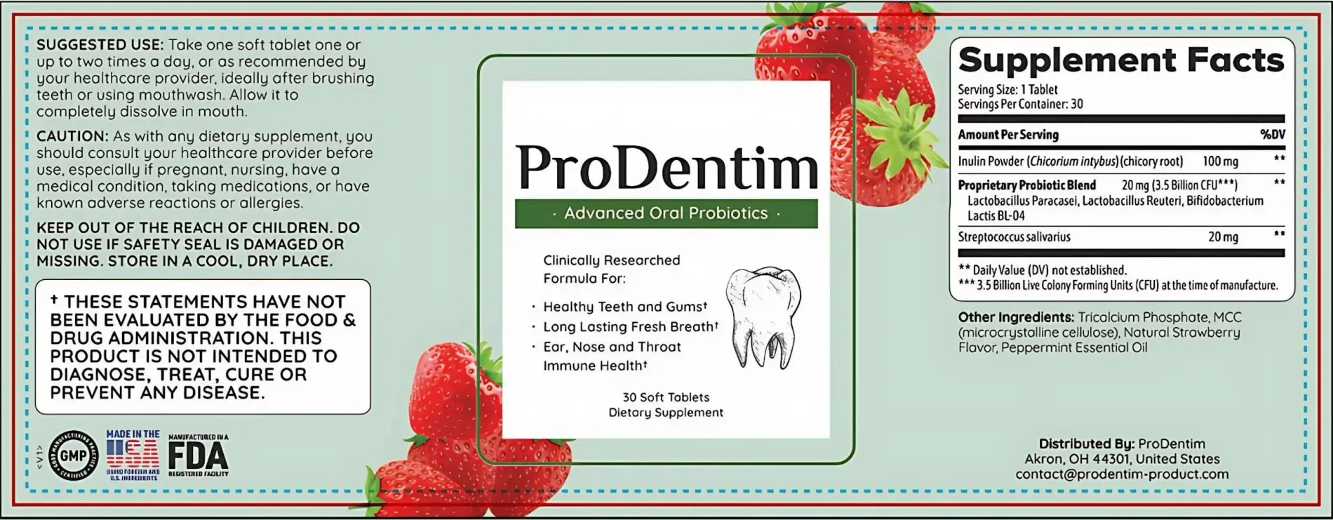 ProDentim Supplement Facts label